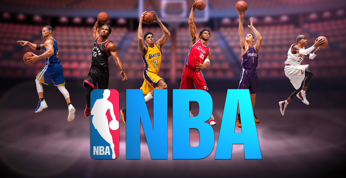 Imagem mostra logo da NBA com alguns dos jogadores.